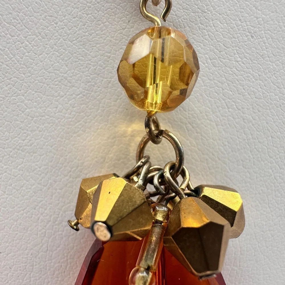 Vintage 90s Amber Citrine Glass Pendant Necklace Gold Tone Beaded Boho Statement